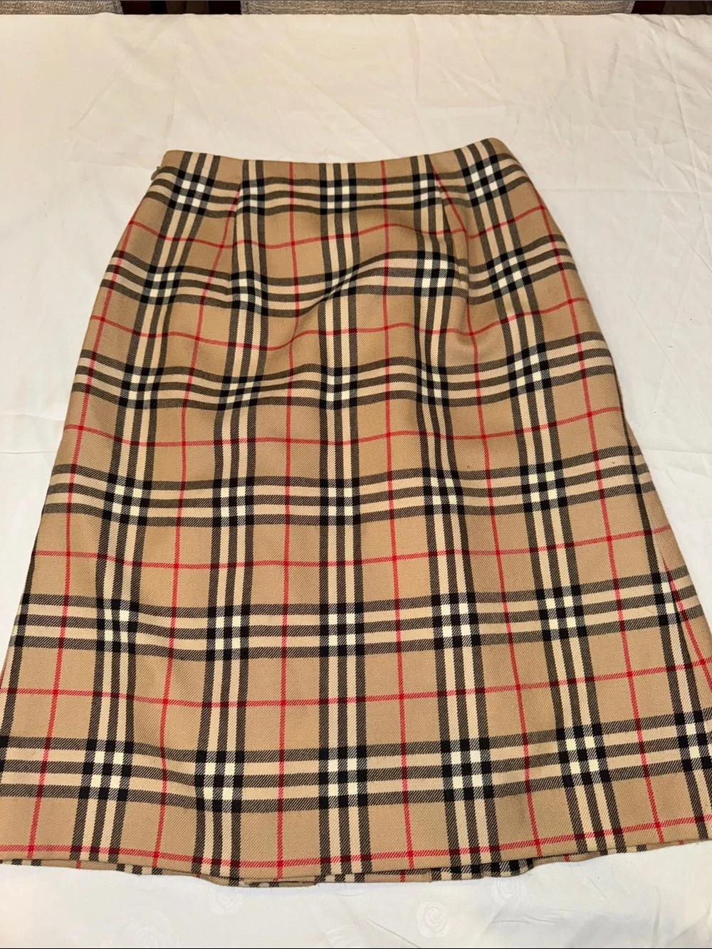 Authentic Burberry Beige Plaid Pencil Skirt with Red and Black Accents